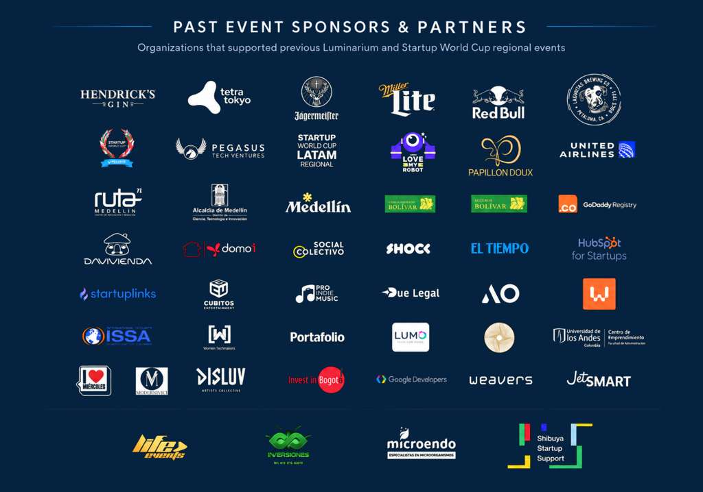 Past event sponsors and partners — organizations that supported previous Luminarium and Startup World Cup regional events